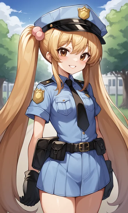 score_9, score_8_up, BREAK
1girl, kokonoerin, brown eyes, brown eyes, very long hair, 
police uniform, cosplay, 
looking at viewer, light smile, cowboy shot, 
outdoors, 
<lora:KokonoeRin_Pony:1>