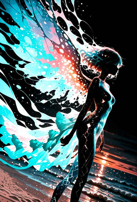 1girl, solo, cinematic angle, from side, Dusk, walking on the beach, Ethereal light diffuses across the scene, atmospheric glow, Abstract shapes resemble organic textures, evoking, impressionist, watercolor, Depth of field, [(black background:1.2)::0.2], (vibrant background:1.2), masterpiece, best quality, amazing quality, very aesthetic, absurdres, highres, newest, intricate details, high contrast, <lora:TrendCraft_The_Peoples_Style_Detailer-v1.0A-3_13_2025-NoobVPRED:1>