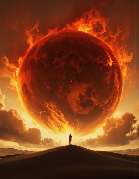 A digital illustration shoot from a far camera angle about a silhouette of a person standing on a sand dune in front of a large, glowing red planet, with a fiery orange glow emanating from the center. the image also shows a distant desert landscape with rolling hills and a vast expanse of sand dunes. on the middle of the image, a lone figure stands silhouetted against the sky, facing the viewer. the figure appears to be a man, with no clothing or accessories, and is wearing no pants or shoes. he is standing on the dune, with his arms at his sides, and his head turned to the side, looking up at the large, fiery planet in the background. the planet is surrounded by a halo of light, with flames and smoke rising from it, creating a dramatic and intense atmosphere.