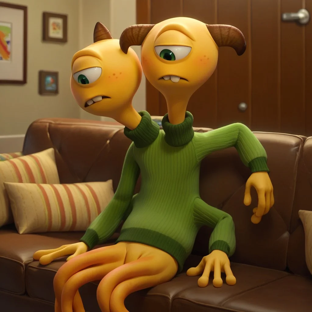 score_9, score_8_up, score_7_up, territerry, male, solo, alien, two-headed alien, yellow skin, green eyes, 4 arms, striped tentacles, 3 horns, buck teeth, green sweatshirt, sitting on couch, tired, indoors, living room