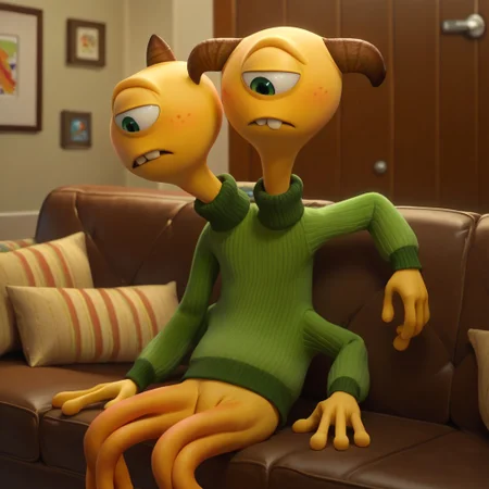 score_9, score_8_up, score_7_up, territerry, male, solo, alien, two-headed alien, yellow skin, green eyes, 4 arms, striped tentacles, 3 horns, buck teeth, green sweatshirt, sitting on couch, tired, indoors, living room