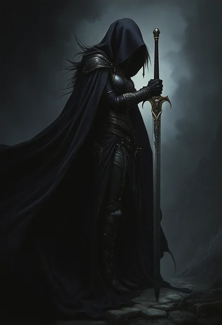 masterpiece, realistic scenery, ultra high quality, a highly trained gorgeous 23yo assassin woman inspects her deadly sword, beyond the black rainbow, ArsMJStyle, dnddarkestfantasy, <lora:DnDDarkestFantasy>