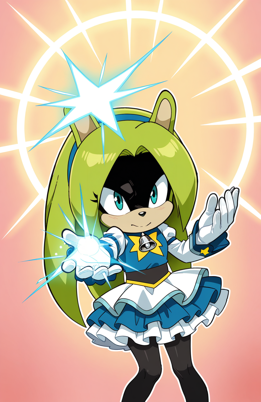 1girl, solo, <lora:Daikin:1> dkn, 
<lora:Surge-the-Tenrec_v41:0.9> surge the tenrec, black face, aqua eyes, hair down, long hair, magical girl outfit, bell sleeves, layered skirt, pantyhose, gloves, star motif, headband, (medium shot), communing with spirits, detailed face, located in a magical scene at a magical forest during morning with clear weather, illuminated by shimmering light, creating a magical,enchanting atmosphere, extremely detailed, highres, masterpiece, best quality