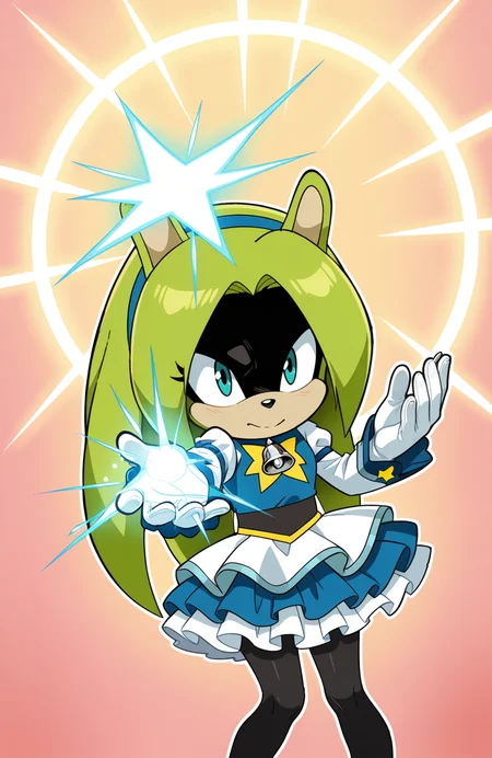 1girl, solo, <lora:Daikin:1> dkn,
<lora:Surge-the-Tenrec_v41:0.9> surge the tenrec, black face, aqua eyes, hair down, long hair, magical girl outfit, bell sleeves, layered skirt, pantyhose, gloves, star motif, headband, (medium shot), communing with spirits, detailed face, located in a magical scene at a magical forest during morning with clear weather, illuminated by shimmering light, creating a magical,enchanting atmosphere, extremely detailed, highres, masterpiece, best quality