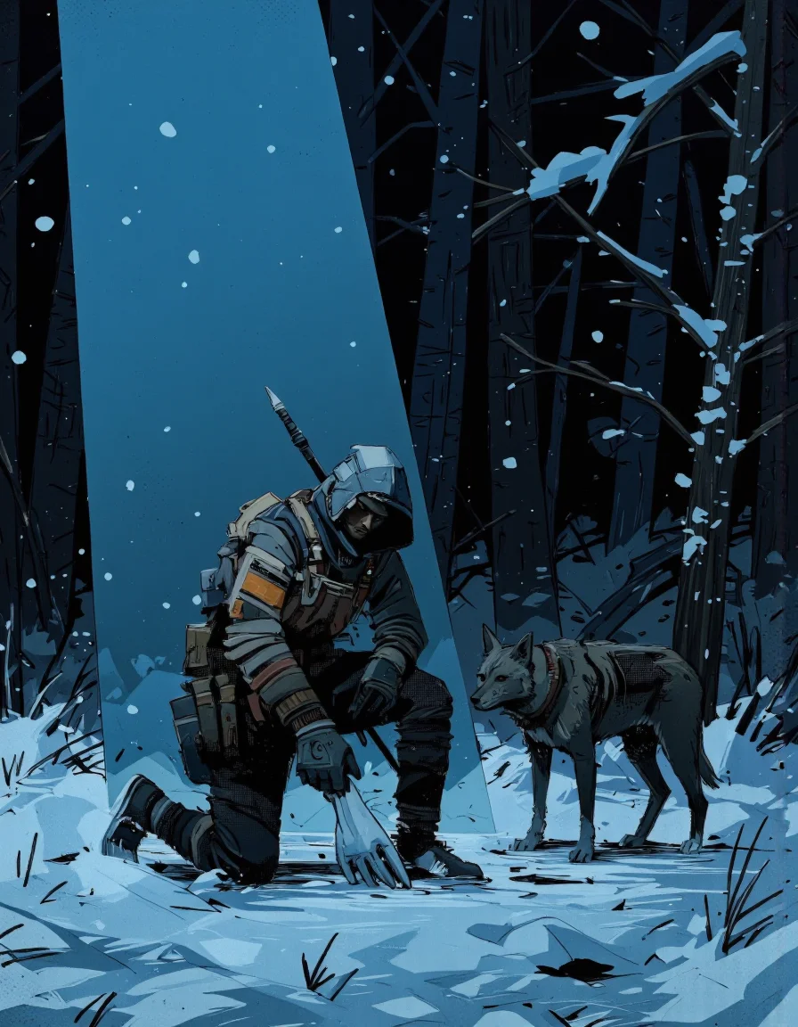 By Alex Vede.
A rugged female warrior kneels in a dark, snowy forest at dusk, illuminated solely by a dim blue light from above that casts an eerie glow over her and her loyal wolf companion. She wears a tactical outfit layered with worn fabric and protective padding. Multiple tactical pouches are strapped across her chest, waist, and legs. Her hood partially shadows her face, but her intense, smirking expression is visible as she closely examines the snow-covered ground, one gloved hand brushing aside the top layer to reveal hidden tracks or markings. Beside her, the wolf stands alert, his ears perked and eyes focused on the surroundings, adding a sense of vigilance and loyalty to the scene. Snow-covered trees surround them, their tall, dark silhouettes blending into the night, while the cold blue light creates a stark contrast against the surrounding darkness. The scene is filled with solitude and desolation, as if theyâre searching for clues in a hostile, abandoned world.