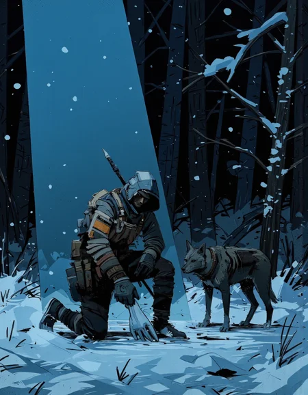 By Alex Vede.
A rugged female warrior kneels in a dark, snowy forest at dusk, illuminated solely by a dim blue light from above that casts an eerie glow over her and her loyal wolf companion. She wears a tactical outfit layered with worn fabric and protective padding. Multiple tactical pouches are strapped across her chest, waist, and legs. Her hood partially shadows her face, but her intense, smirking expression is visible as she closely examines the snow-covered ground, one gloved hand brushing aside the top layer to reveal hidden tracks or markings. Beside her, the wolf stands alert, his ears perked and eyes focused on the surroundings, adding a sense of vigilance and loyalty to the scene. Snow-covered trees surround them, their tall, dark silhouettes blending into the night, while the cold blue light creates a stark contrast against the surrounding darkness. The scene is filled with solitude and desolation, as if theyâre searching for clues in a hostile, abandoned world.