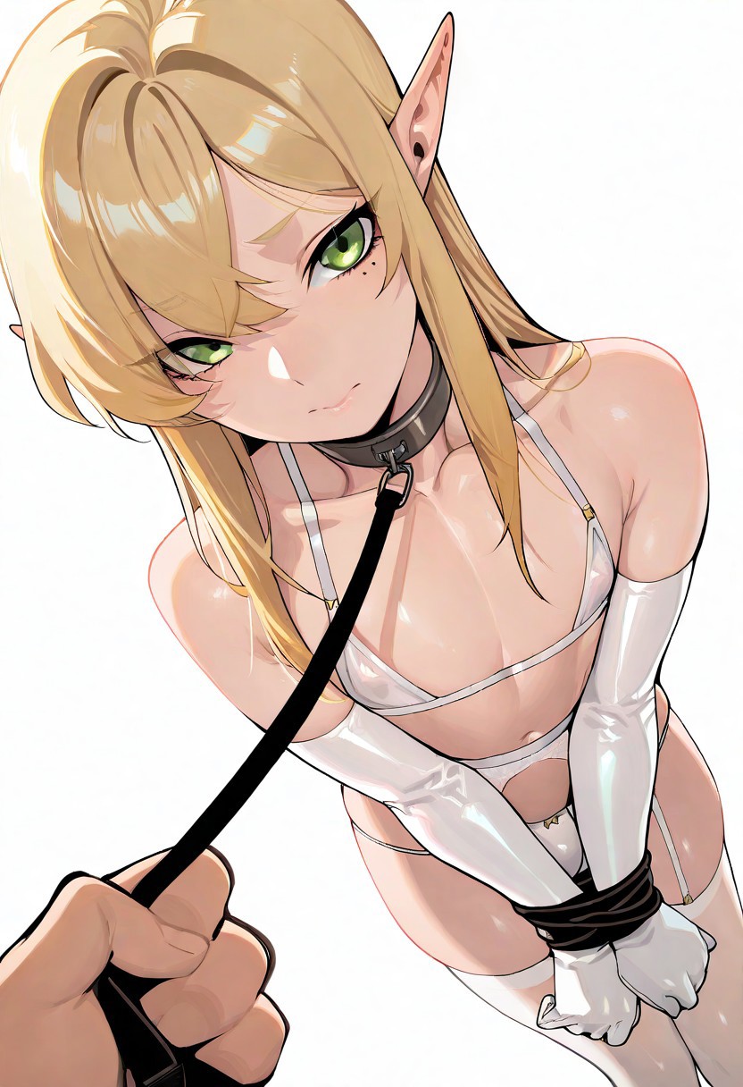 hi res, masterpiece, best quality, detailed, amazing quality, detailed background, detailed eyes, clean eyes, best quality, highres, highres, greatscore, absurdres, dynamic angle, dynamic pose, 20yo, (textured:1.4), extremely detailed eyes, pretty,
EURK_ST, Trap, TR4P, beauty, blonde hair, pointy ears, long hair, otoko no ko, thighhighs, male focus, elf, leash, simple background, white background, looking at viewer, solo focus, collar, green eyes, closed mouth, bdsm, 1boy, white gloves, multiple boys, sketch, underwear, bangs, 2boys, mole under eye, bare shoulders, bound wrists, panties, elbow gloves, collarbone, holding, pov hands