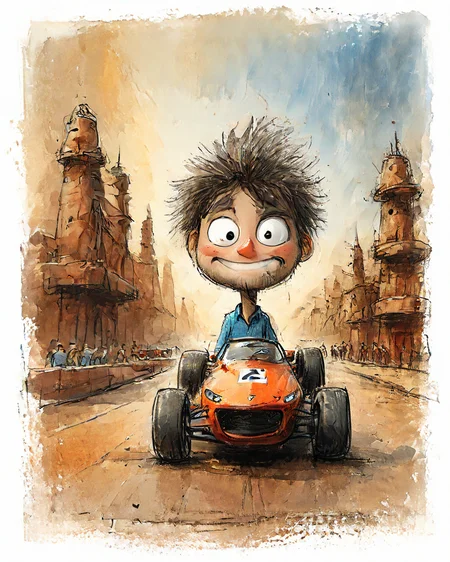 cute drawing of a (Formula 1 car:1.3) , anthropomorphic with a face, Tiwanaku in background, city street, Miniaturecore, most beautiful artwork in the world, Highres, <lora:Cute_Drawing:1>