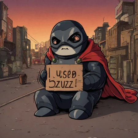(superhero, classic comic book style, 1man, tattered red cape, eye mask, muscle suit, sitting on curb, coffee cup for tips, cardboard sign “Will Save World for Buzz”, urban alley, dark sky, soft shadows, comic shading, sad but noble expression, speech bubble: “Just one Buzz...”, background cityscape, humor, pop culture parody, bold ink lines)
comic book look, hero down on luck, solo, city street, arcan3styl3v1, sign with the words "Need buzz", sharp sign, sharp letters, need_buzz, holding sign, one single panel, large panel, one superhero, one sign, sharp image, detailed image, masterpiece