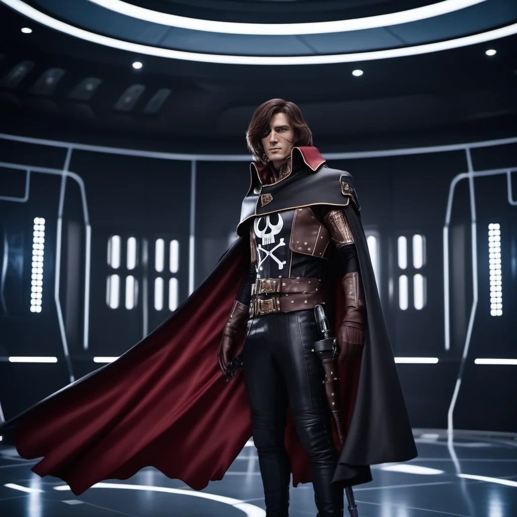 cinematic photo a full body man, solo, cape, brown hair, scar, black gloves,sword, in a spaceship<lora:Albator1024_r1:0.8> . 35mm photograph, film, bokeh, professional, 4k, highly detailed