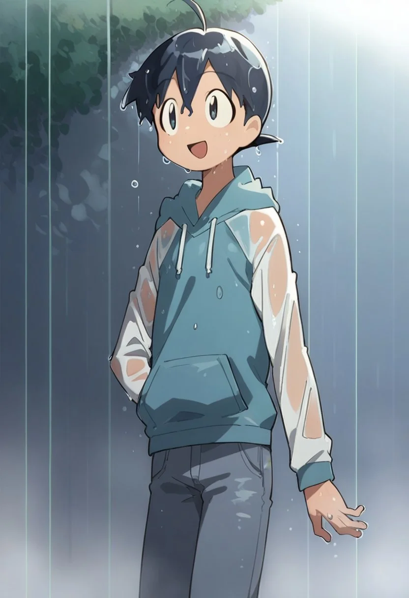 score_9, score_8_up, score_7_up, source_anime, 1boy, solo, fuyuki hinata, dark blue hair,  short hair, dark blue eyes, ahoge, smile, open mouth , denim, pants hood, hoodie, long sleeves, jeans, wet, wet clothes, wet hair