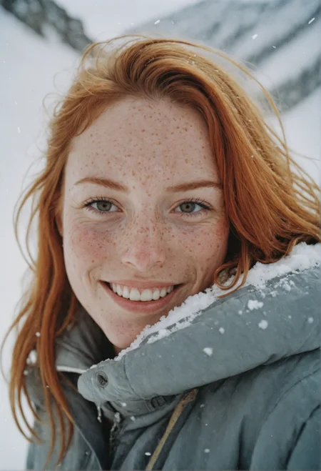 35mm photography portrait of beautiful smiling woman with freckles in a snow-covered mountain