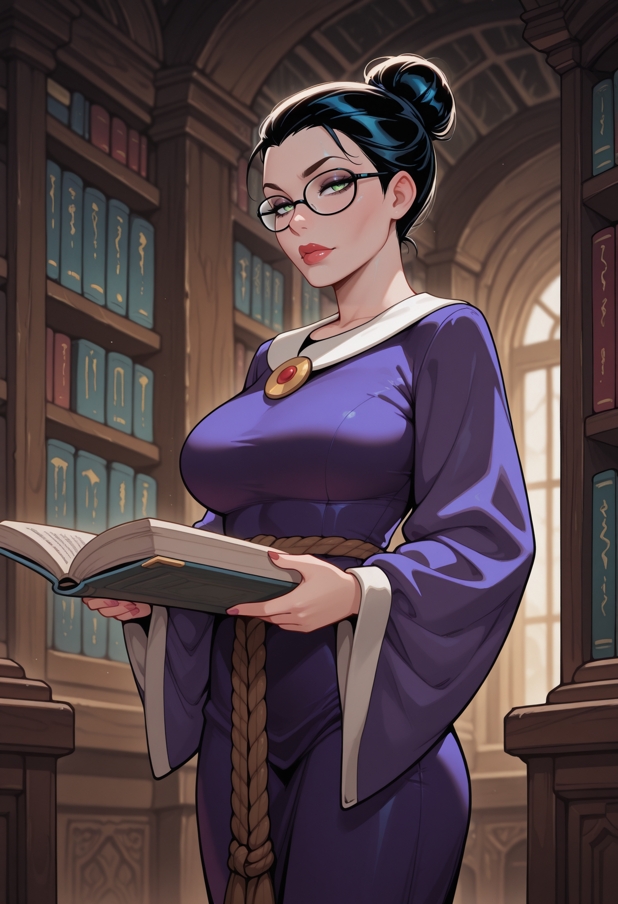 masterpiece, best quality, amazing quality, , ,evilq33n, <lora:evilQueenIllustrious:1> ,
, purple dress, library, black glasses, librarian, rope belt, single hair bun, holding a book