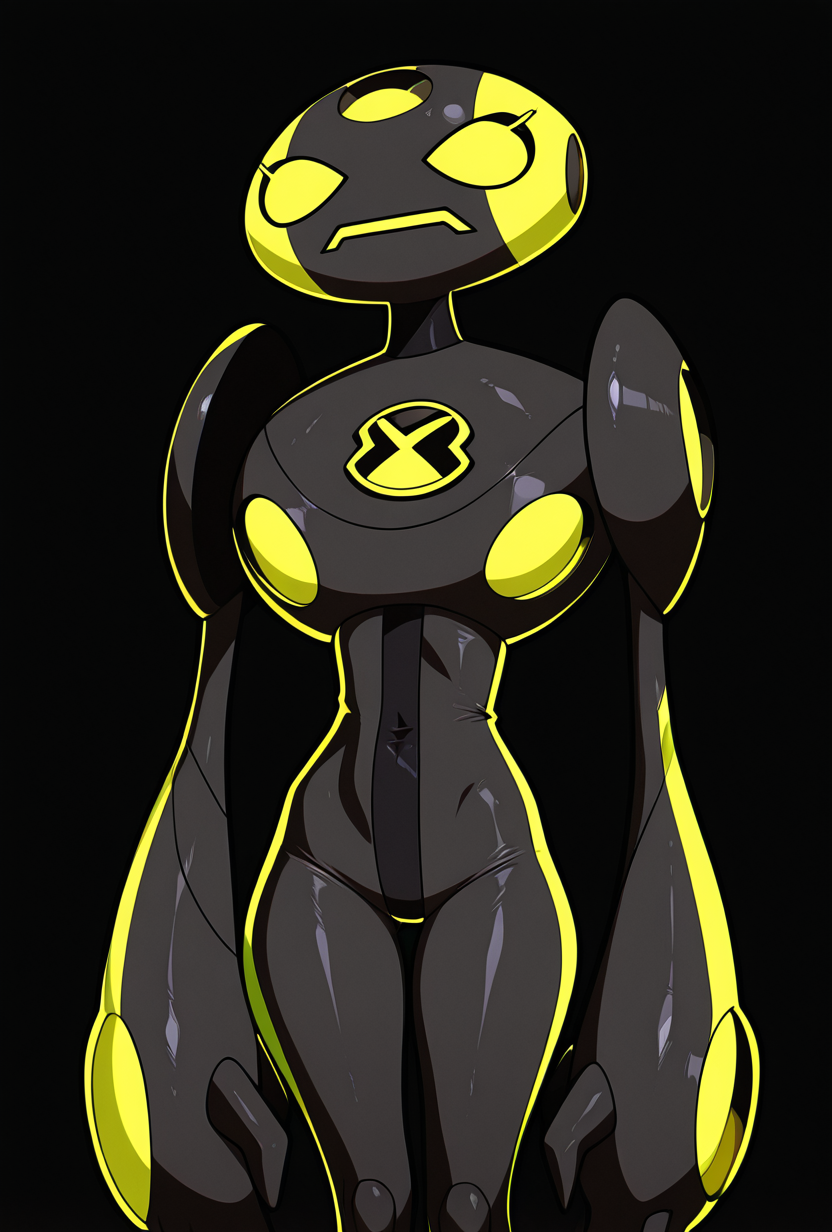 <lora:ulteco-10:1> ulteco, pokemon (creature), black robot, yellow eyes, x eyes, closed yellow mouth, yellow strips, neon strips, x shaped eyes, cross eyes, stripped body,  black background, masterpiece, best quality, amazing quality, very aesthetic, absurdres, newest,