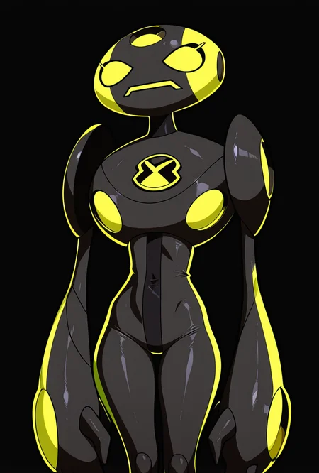 <lora:ulteco-10:1> ulteco, pokemon (creature), black robot, yellow eyes, x eyes, closed yellow mouth, yellow strips, neon strips, x shaped eyes, cross eyes, stripped body, black background, masterpiece, best quality, amazing quality, very aesthetic, absurdres, newest,