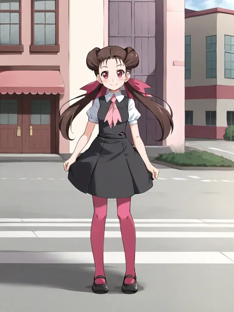 <lora:orasroxannetsukishiro:0.7>
1girl, solo, roxtsuannetsuji, brown hair, long hair, twintails, hair ribbon, black dress, white shirt, short sleeves, pink ascot, dark pink pantyhouse, black shoes, full body, standing, outdoors, city, looking at viewer, smile