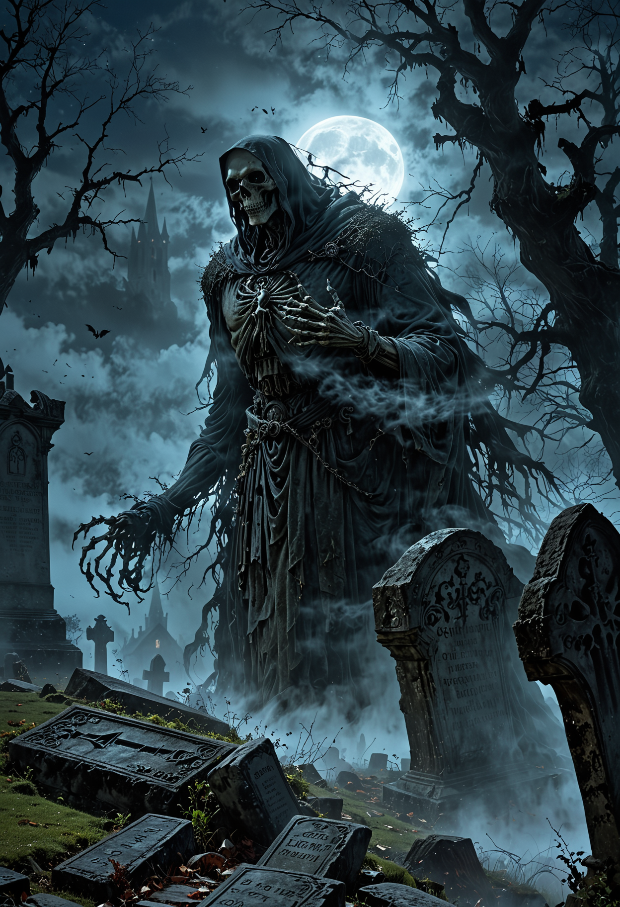 A ghostly figure floats above a fog-shrouded graveyard under a full moon, The specter with tattered ethereal form and a hauntingly skeletal face, ancient tombstones and gnarled trees, eerie atmosphere, In the background a gothic church looms its spires piercing the night sky, scene is illuminated by the moonlight, long shadows, chilling ambiance, style is dark and atmospheric, haunted night,
<lora:EpicF4nta5yXL:0.8>
<lora:add-detail-xl:1>
<lora:WildcardX-XL-Detail-Enhancer:1>
<lora:MJ52:0.375>
<lora:CinematicStyle_v1:0.42>