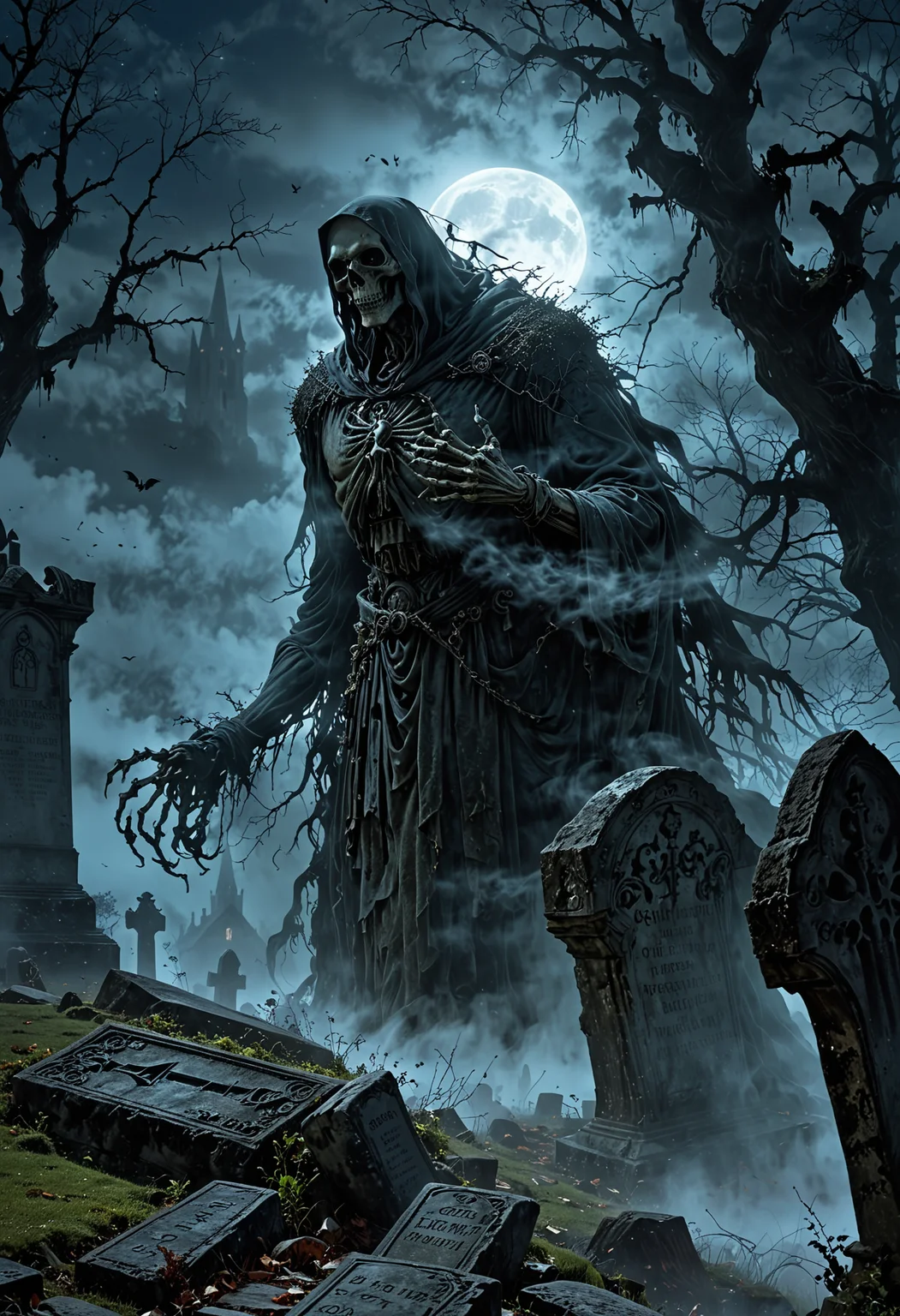 A ghostly figure floats above a fog-shrouded graveyard under a full moon, The specter with tattered ethereal form and a hauntingly skeletal face, ancient tombstones and gnarled trees, eerie atmosphere, In the background a gothic church looms its spires piercing the night sky, scene is illuminated by the moonlight, long shadows, chilling ambiance, style is dark and atmospheric, haunted night,
<lora:EpicF4nta5yXL:0.8>
<lora:add-detail-xl:1>
<lora:WildcardX-XL-Detail-Enhancer:1>
<lora:MJ52:0.375>
<lora:CinematicStyle_v1:0.42>