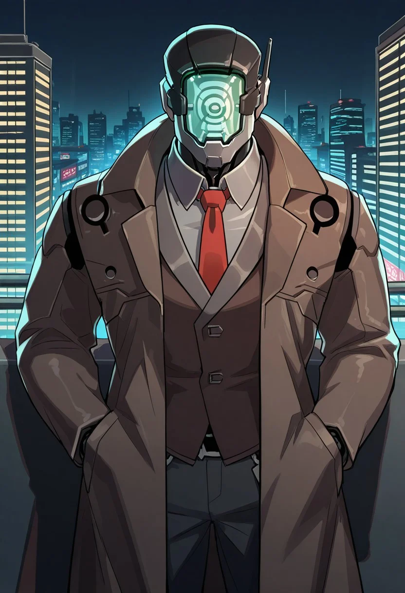 Regis,detailed, perfect anatomy, masterpiece, high quality, best quality, highres,8k,solo,muscular,standing,brown jacket,red tie,coat,in cyberpunk city,night,light and shadow