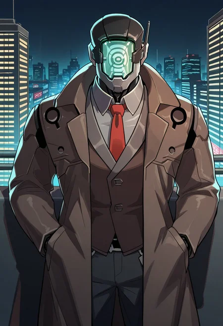 Regis,detailed, perfect anatomy, masterpiece, high quality, best quality, highres,8k,solo,muscular,standing,brown jacket,red tie,coat,in cyberpunk city,night,light and shadow