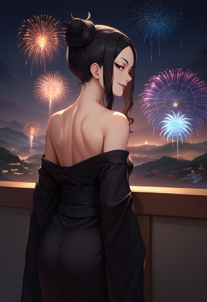 score_9, score_8_up, score_7_up, source_anime, from behind, 1girl, arachnegorgon, makeup, smile, looking back, black hair, single hair bun, black eyes, black kimono, spider web print, off shoulder, black sash, bare shoulders, fireworks <lora:souleater_arachne_ponyXL:1>