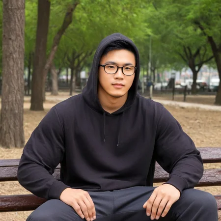 a man with hood sitting on park, asian man, ettaphyl (1boy, bara, short hair, black hair, brown eyes, glasses), upper body, perfection style, perfection, perfect