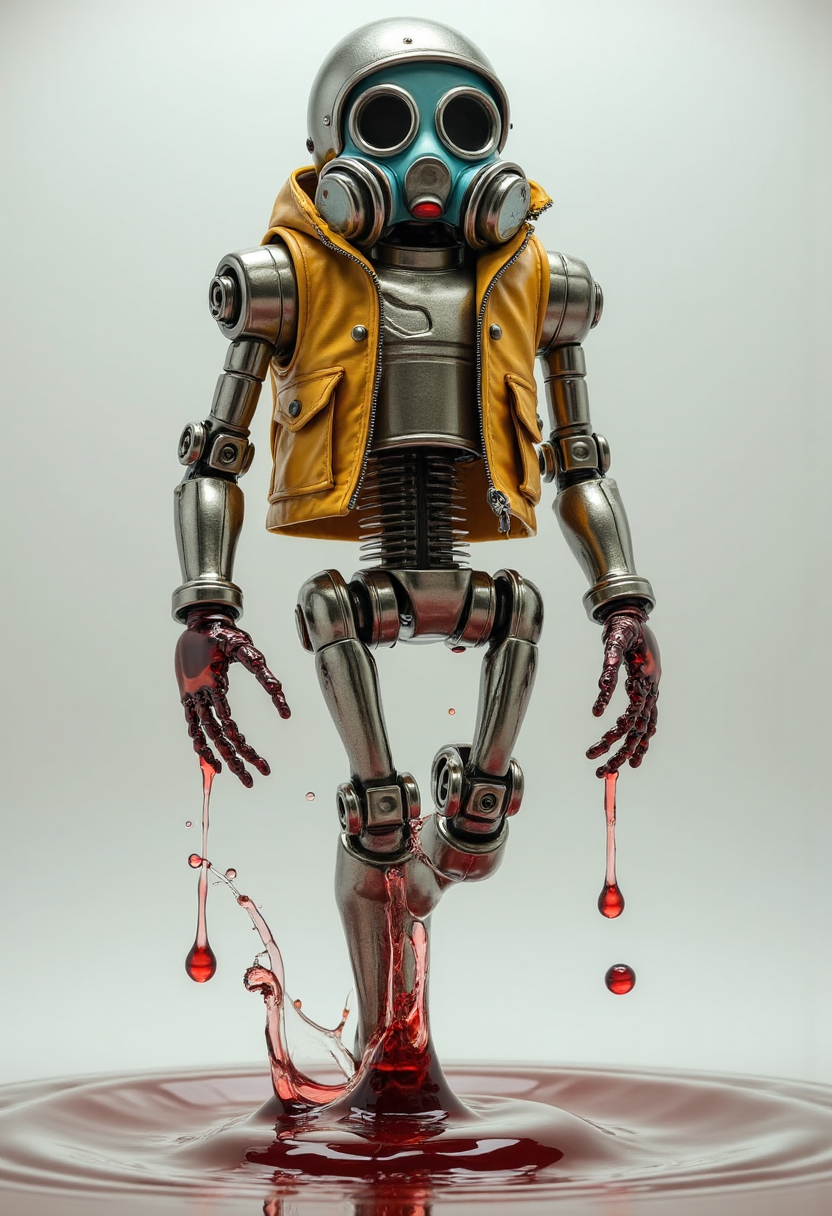 In the shape and style of a yfg-dr0p water drop splash photo of a , Humanoid robot, looking at viewer, blood, solo, jacket, gas mask, standing on one leg, spacesuit, red lips