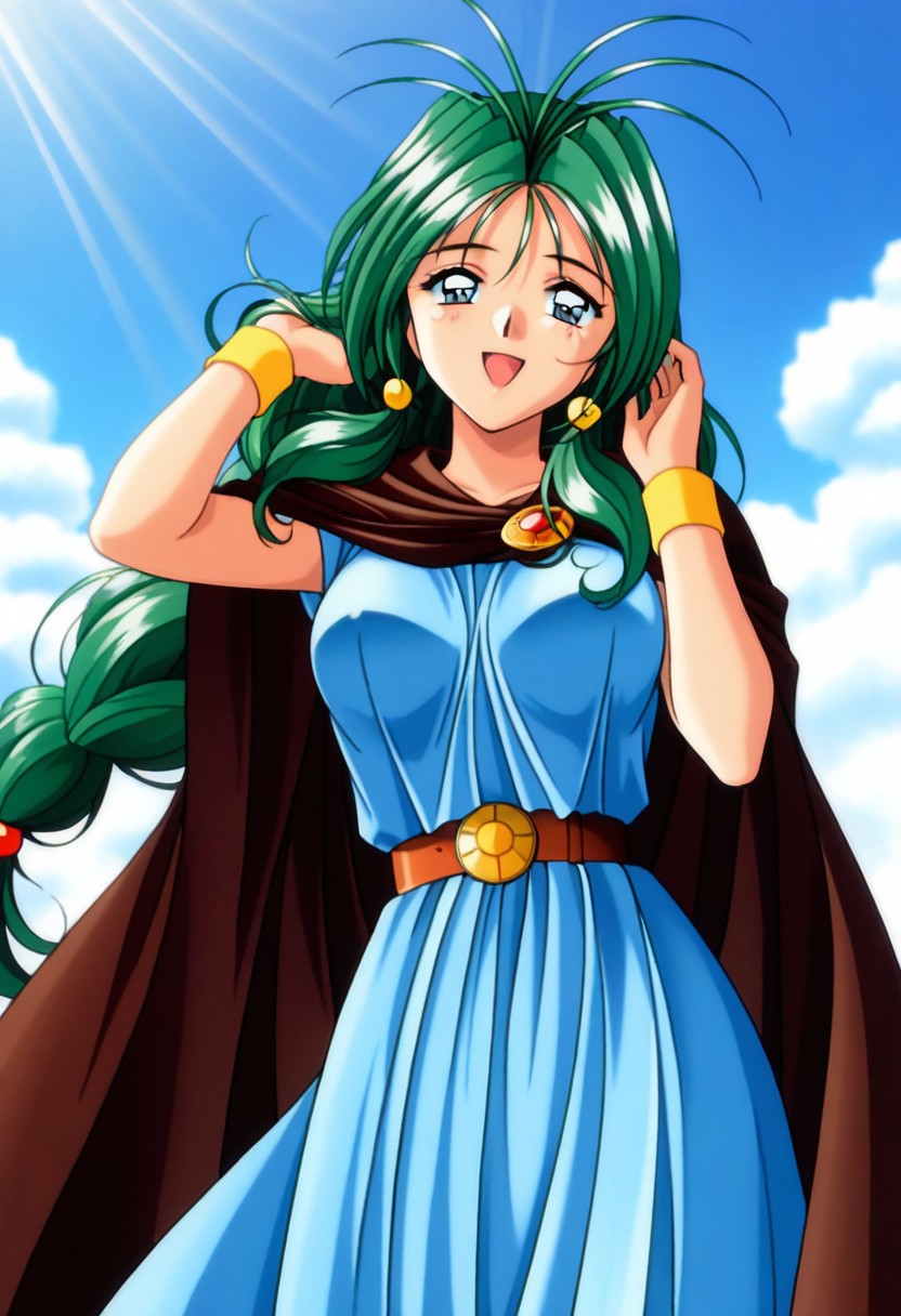 masterpiece, best quality, amazing quality, very aesthetic, high resolution, 1girl, cowboy shot, anime-style, digital art, high resolution, cute girl, smiling, sunlight, bright, clear sky, blue sky, clouds, daytime, outdoor, wind blowing her hair, dynamic pose, cheerful mood, light reflections, detailed background, high quality, beautiful, attractive, light rays, bright lighting, sky, joyful, happy, energetic, bright atmosphere, detailed shading, anime aesthetics, vibrant, lively, braid, jewelry, belt, cape, blue dress, wristband, retro artstyle, 1990s \(style\), 
clairemm, blue eyes, green hair, antenna hair, long hair, low-tied long hair, hair bobbles, medium breasts, mature female,