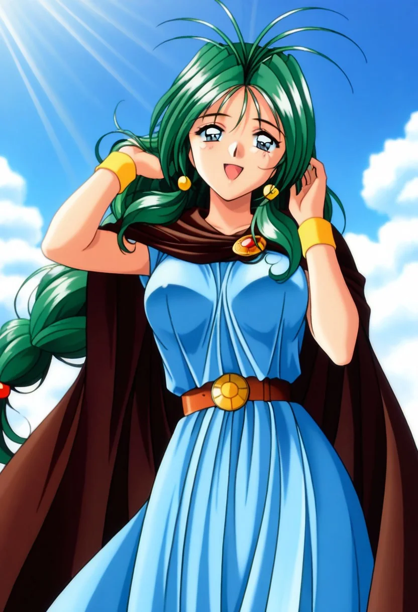masterpiece, best quality, amazing quality, very aesthetic, high resolution, 1girl, cowboy shot, anime-style, digital art, high resolution, cute girl, smiling, sunlight, bright, clear sky, blue sky, clouds, daytime, outdoor, wind blowing her hair, dynamic pose, cheerful mood, light reflections, detailed background, high quality, beautiful, attractive, light rays, bright lighting, sky, joyful, happy, energetic, bright atmosphere, detailed shading, anime aesthetics, vibrant, lively, braid, jewelry, belt, cape, blue dress, wristband, retro artstyle, 1990s \(style\),
clairemm, blue eyes, green hair, antenna hair, long hair, low-tied long hair, hair bobbles, medium breasts, mature female,
