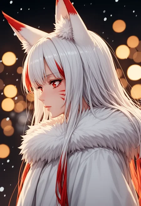 <lora:noobai_ep11_stabilizer_v0.129_fp16:0.8>1girl,fox ears,red eyes,white hair,red hair,long hair,closed mouth,multicolored hair,whisker markings,fur trim,upper body,from side,snowing,dark sky,bokeh,masterpiece,