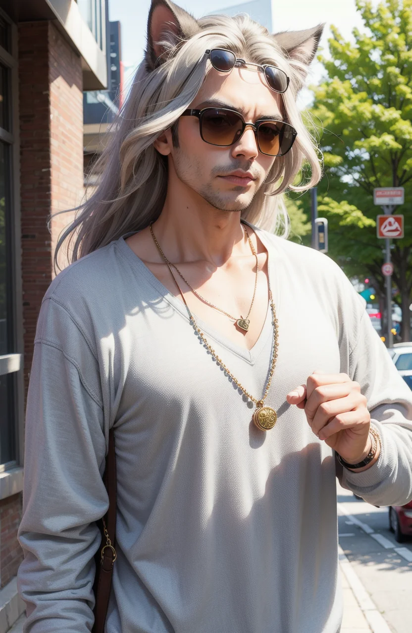 Persian grey cat in toronto wearing sunglasses with necklace
