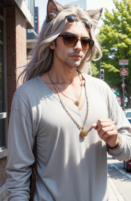 Persian grey cat in toronto wearing sunglasses with necklace