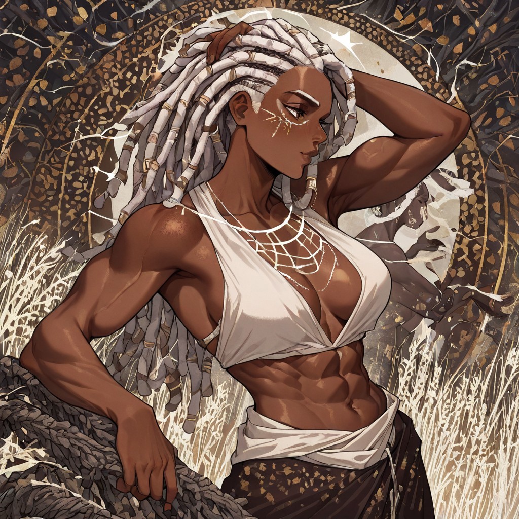masterpiece, best quality, newest, absurdres, highres, 
DTILV1.0, Tarot, Tarot card,
1girl, dark skin, dark-skinned female, dredlocks, white dreadlocks, african, african female, muscular female, toned,
