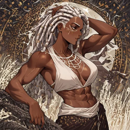 masterpiece, best quality, newest, absurdres, highres,
DTILV1.0, Tarot, Tarot card,
1girl, dark skin, dark-skinned female, dredlocks, white dreadlocks, african, african female, muscular female, toned,