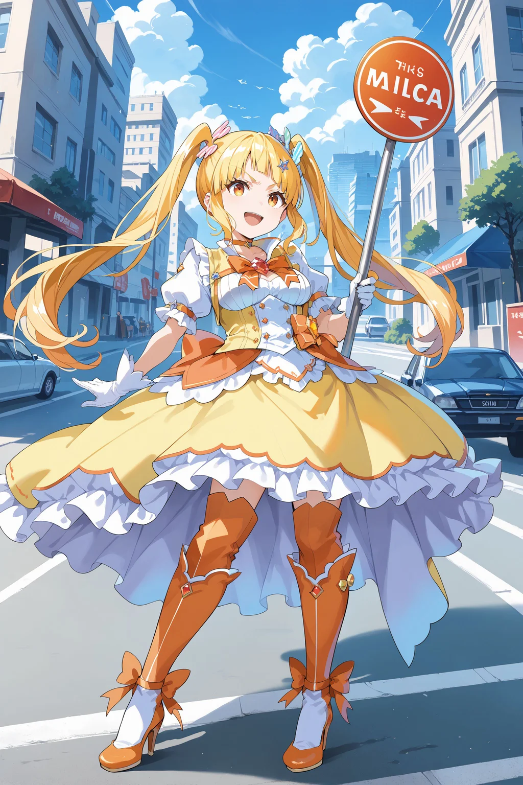 score_max, (score_9, score_8_up, score_7_up:1.0), score_6_up, official art,
, masterpiece, absurdres, high detail, 8k,
city, building, intersection, road,
standing, holding road sign, pole, smile, serious, open mouth,
kokoa, twintails, magica2019, wing hair ornament, hair ornament, hairclip, choker, yellow dress, orange bowtie, gem, short_sleeves, white gloves, frills, layered skirt, knee boots, bow, high heels, orange footwear
<lora:XL_Pony_MGCM-kokoa-t2:1.1>