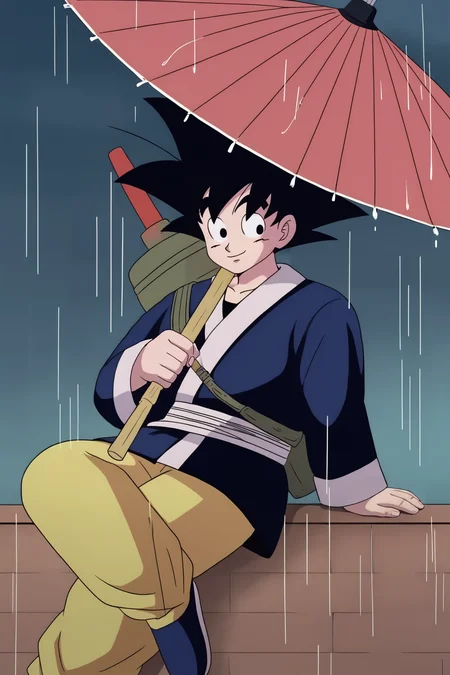 source_anime, score_9, score_8_up, score_7_up, anime screencap,8k, absurd res,
son goku, aged up, solo, smile, black hair, 1boy, sitting, weapon, male focus, boots, black eyes, umbrella, crossed legs, spiked hair, rain, holding umbrella, oil-paper umbrella, yellow pants, leaning against wall, hand on wall, blue kimono, long sleeves, weapon on back, nyoibo, looking at another, fingernails, 1980s \(style\), blue footwear, blue undershirt, retro artstyle
<lora:gokudb_pony_v3:0.8>