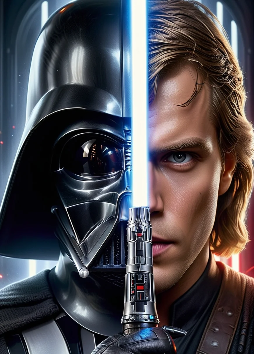 Epic movie poster, closeup face portrait of Darth Vader holding a lightsaber in front of face, (half of the face is Darth Vader, on other half is Anakin Skywalker:1.3), TwoFace Blade, 16k, UHD, DSLR, Insane Details, award-winning photo, <lora:V4:0.6>, <lora:add-detail-xl0.5>