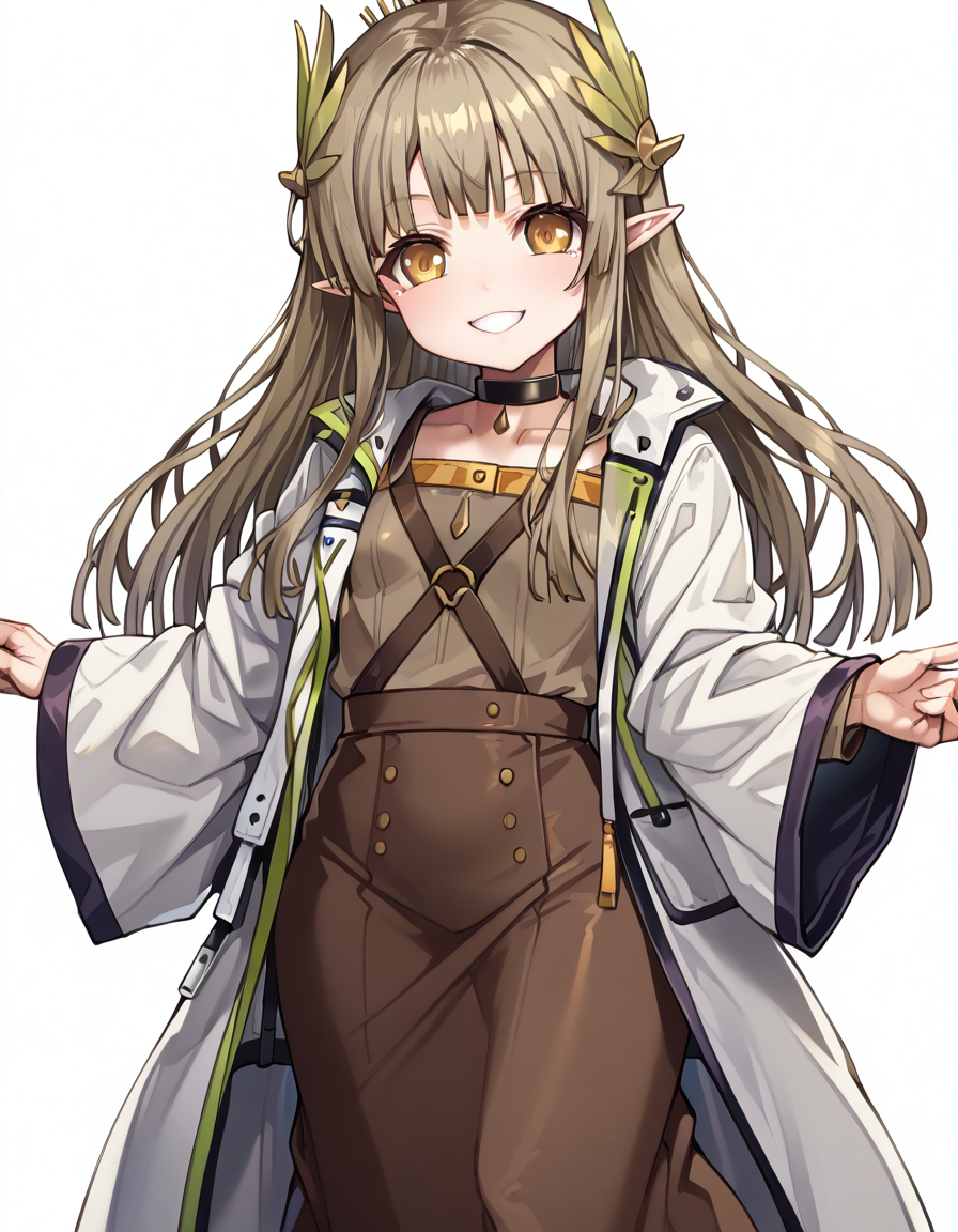 score_9, score_8_up, score_7_up BREAK, Mumu, long hair, brown hair, golden eyes, pointy ears, mole,small breast,smile, Mumubase, Mumu_coat, open coat, Mumu_shirt,brown shirt,Mumu_choker, Mumu_skirt,long skirt, simple background, white background