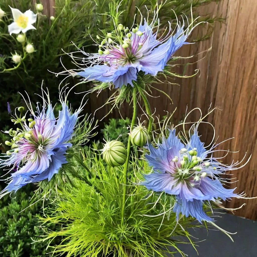 love in a mist flowers with stem ingrid-elias-style in a garden <lora:ingrid_elias_style_v2:.7>