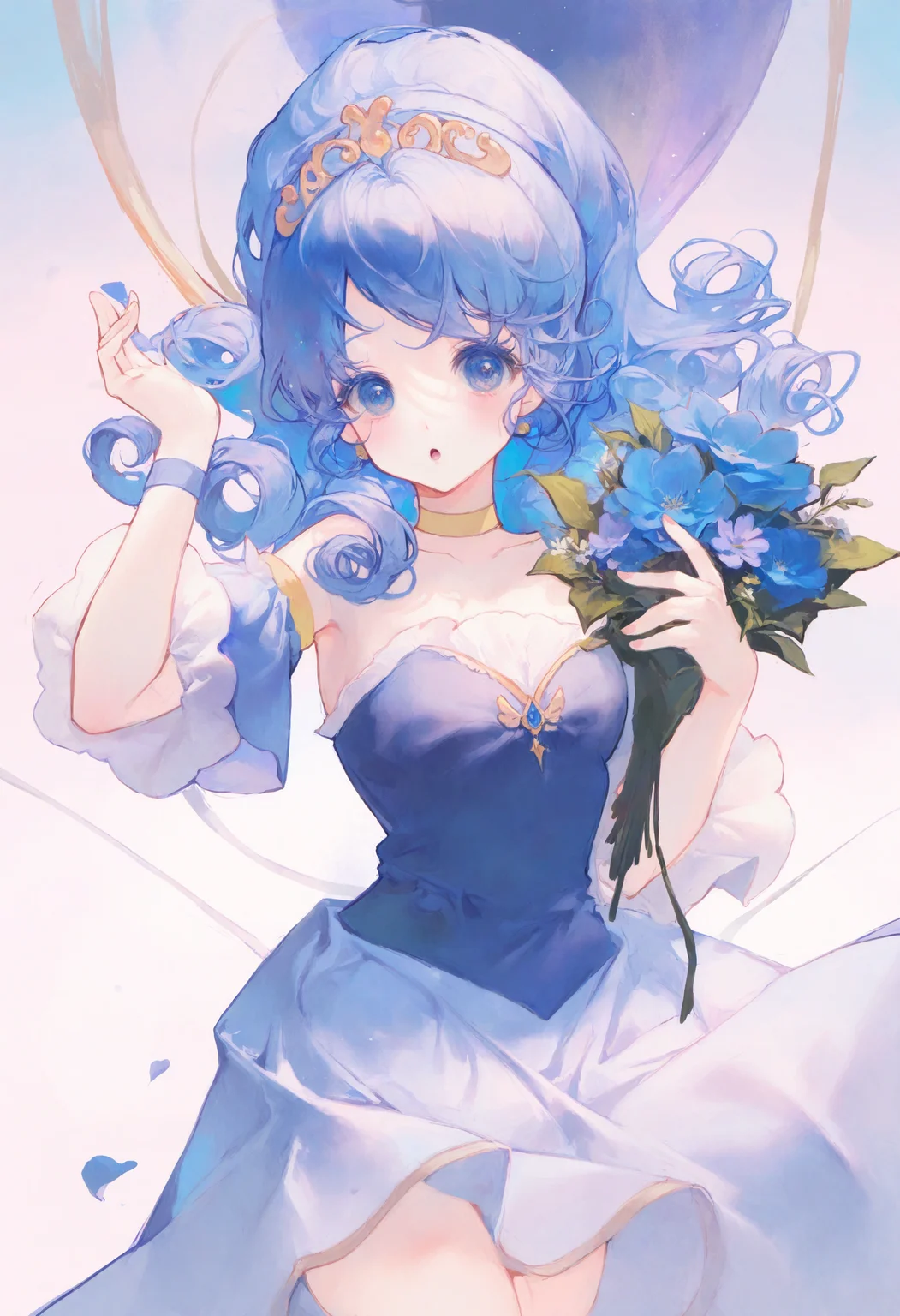 <lora:match2_noob1.1-000190:1>,(maccha \(mochancc\):0.3),
1girl, solo, bouquet, holding bouquet, flower, blue hair, dress, tiara, long hair, blue flower, blue eyes, holding, looking at viewer, hand up, open mouth, :o, ponytail, jewelry, blue dress, yellow choker, cover, cowboy shot, curly hair, detached sleeves,
masterpiece,best quality,newest,absurdres,highres,very awa,