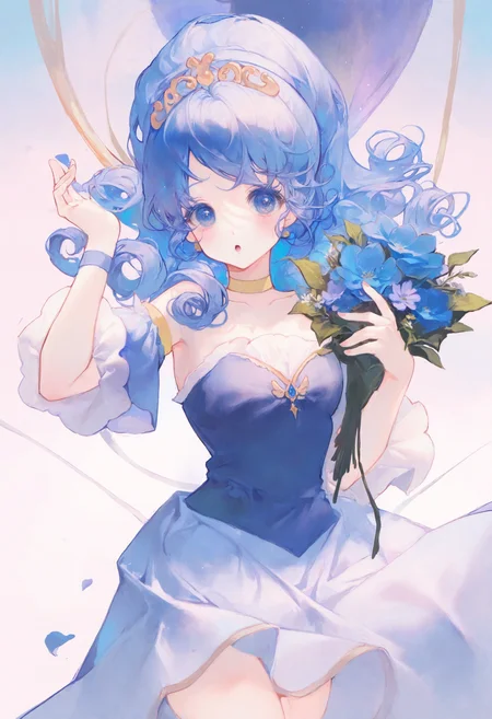 <lora:match2_noob1.1-000190:1>,(maccha \(mochancc\):0.3),
1girl, solo, bouquet, holding bouquet, flower, blue hair, dress, tiara, long hair, blue flower, blue eyes, holding, looking at viewer, hand up, open mouth, :o, ponytail, jewelry, blue dress, yellow choker, cover, cowboy shot, curly hair, detached sleeves,
masterpiece,best quality,newest,absurdres,highres,very awa,