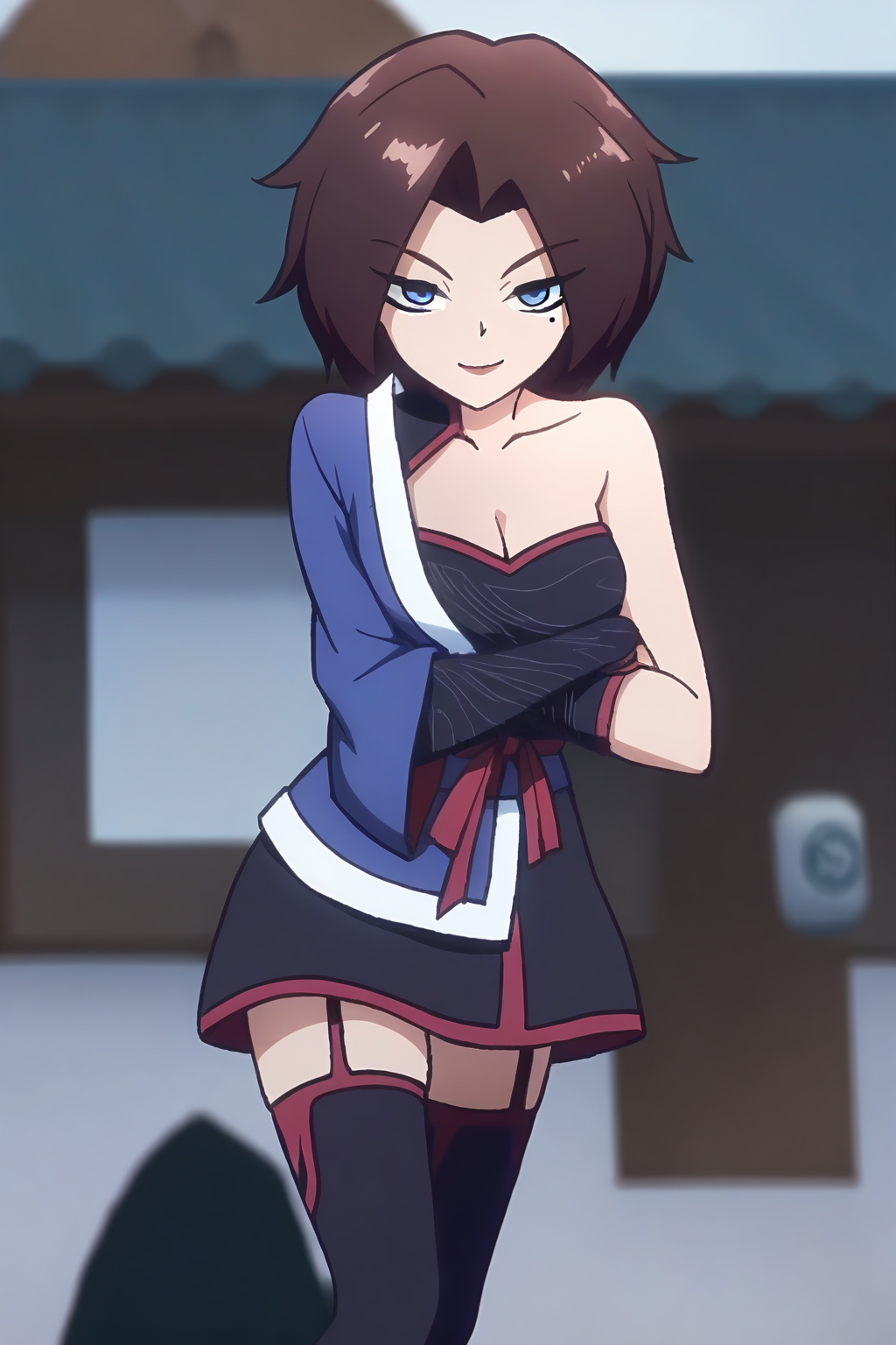 <lora:meihuashiyi:1>,meihuashiyi,1girl,solo,blue eyes,mole under eye,brown hair,short hair,parted bangs,
single bare shoulder,cleavage,collarbone,meihuashiyi,thighhighs,garter straps,japanese clothes,
looking at viewer,smile,, masterpiece,best quality,amazing quality,absurdres, anime screenshot, lazypos ,