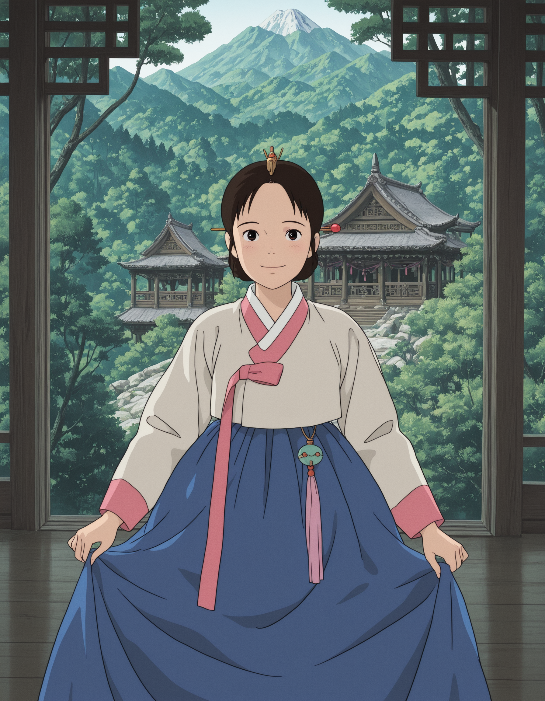1girl, smiling,  hanbok, traditional architecture, studio_ghibli, mountain, forest, hair pin, pink ribbon, tassle, masterpiece, best quality, amazing detail, high definition