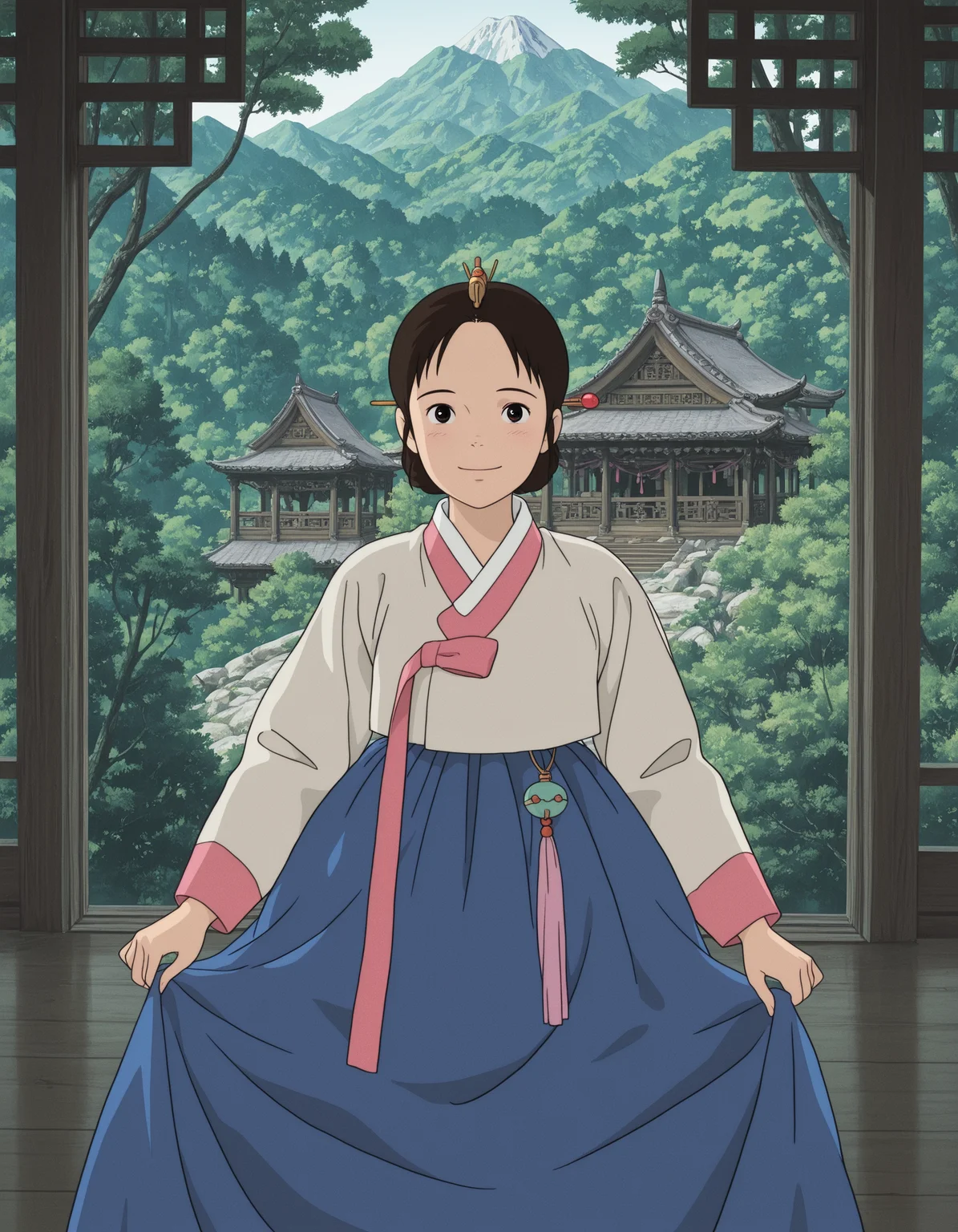 1girl, smiling, hanbok, traditional architecture, studio_ghibli, mountain, forest, hair pin, pink ribbon, tassle, masterpiece, best quality, amazing detail, high definition