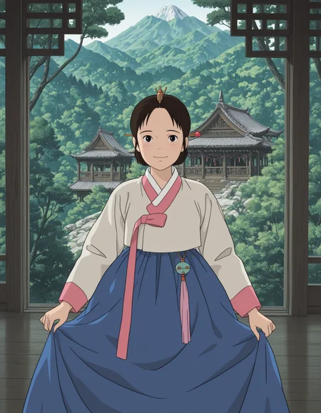 1girl, smiling, hanbok, traditional architecture, studio_ghibli, mountain, forest, hair pin, pink ribbon, tassle, masterpiece, best quality, amazing detail, high definition