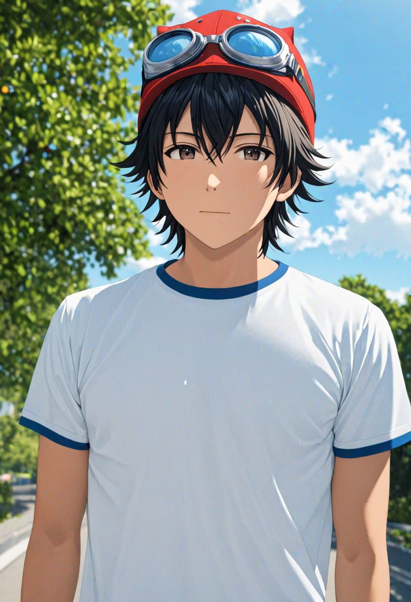 (4k), extremely detailed, hyper detailed, high resolution, professional photography, best quality, candid photo, 1boy, solo, male focus, easynegative, Yuusuke Fujisaki, Red Hat, Black Hair, white blue collar t-shirt inside a white shirt with the top collar open, outdoor, looking at viewer, candid photo, goggles