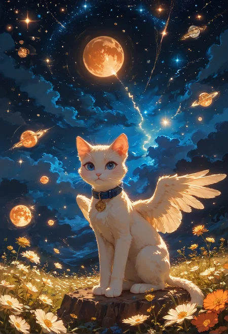 detailed background,Cinematic Lighting,film grain,score_9,score_8_up,score_7_up,zPDXL2,masterpiece,best quality,highly detailed,glowing,hand person,Expressiveh, <lora:(增强)sdxl_lightning_8step_lora:1>,<lora:glowneon_xl_v1:1>, <lora:(增强)Hands XL 4:1>,<lora:(增强)Expressive_H-000001:0.8>, <lora:Vixon\Vixon's Pony Styles Astro:0.8> , looking at viewer, blue eyes, jewelry, wings, sky, collar, no humans, animal, cat, star \(sky\), feathered wings, starry sky, angel wings, white wings, space, animal focus, planet, earth \(planet\), 4str0,