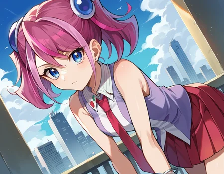 score_9, score_8_up, score_7_up, source_anime,
yuzuhiiragi, <lora:yuzu-hiiragi-ponyxl-lora-nochekaiser:1>,
yuzu hiiragi, blue eyes, hair ornament, medium hair, multicolored hair, pink hair, red hair, streaked hair, twintails,
bare arms, bracelet, collared shirt, jewelry, necktie, pleated skirt, red necktie, red skirt, shirt, skirt, sleeveless, sleeveless shirt, wing collar, two-tone shirt,
outdoors, cityscape, bent over,
looking at viewer, cowboy shot, dutch angle,