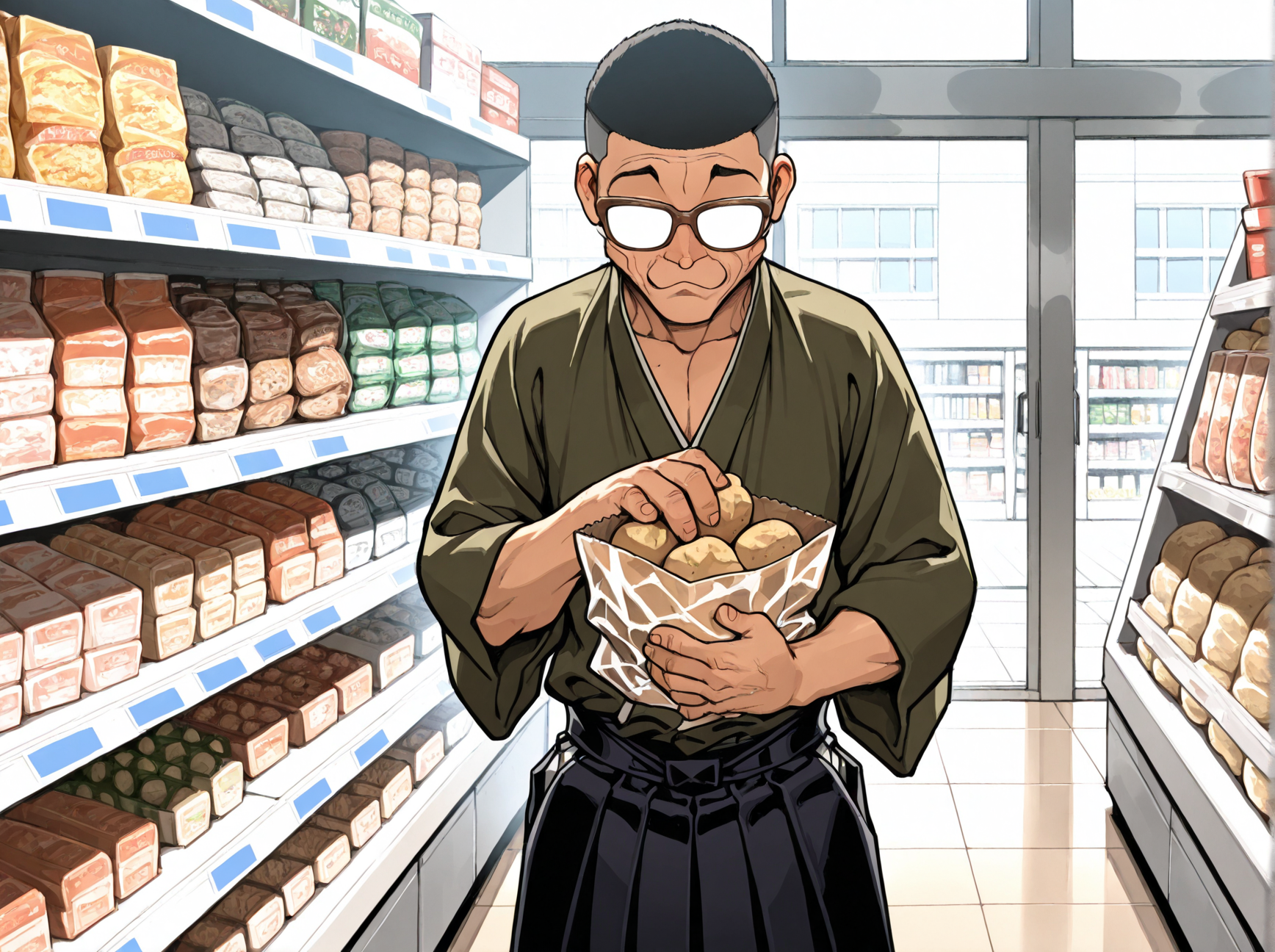 masterpiece, best quality, amazing quality, absurd res, 
 <lora:Gouki_Shibukawa_Baki_for_Illustrious:1> 1boy, gouk1, old, glasses, japanese clothes, hakama, opaque glasses,
 grocery store, holding potato, shopping, window, indoors,