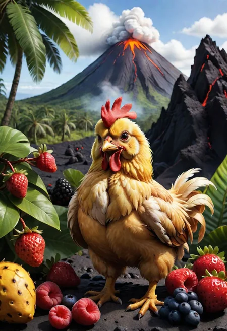 fluffy happy chicken, lava, eating berries, tropical fruit, eyeart, volcano
